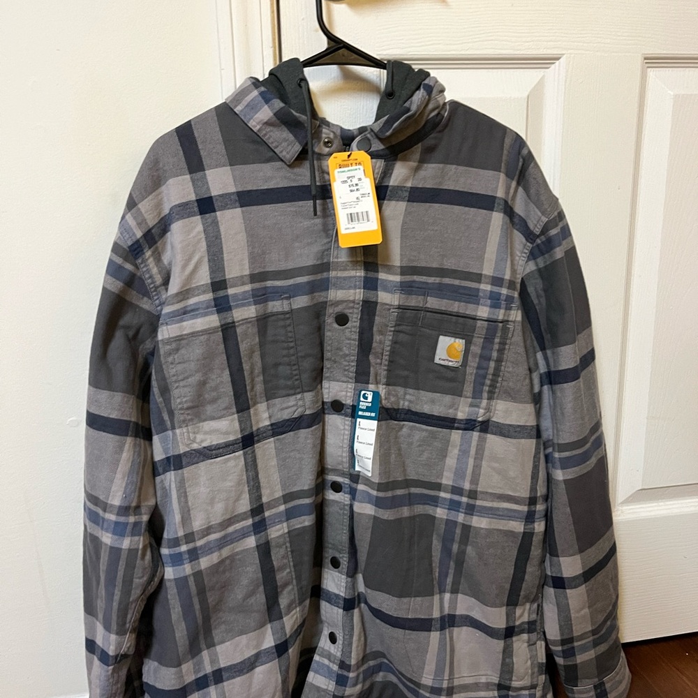 Carhartt Blue and Gray Plaid Mens Hooded Flannel Shirt